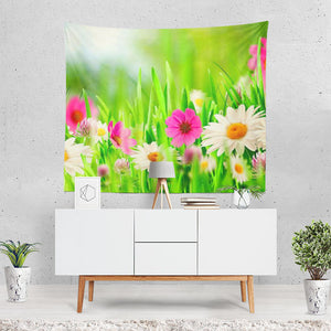 Artistic Spring Flower Grass Pink Flower White Flo Tapestry
