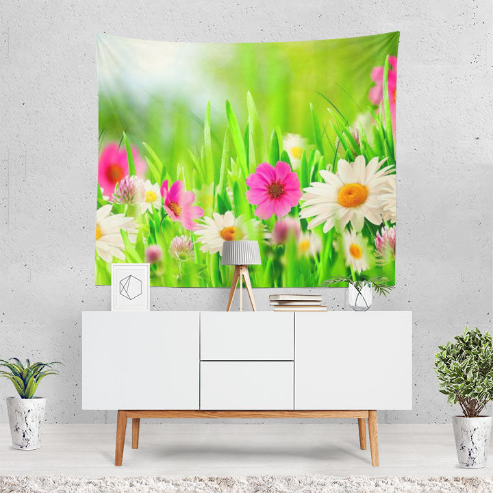 Artistic Spring Flower Grass Pink Flower White Flo Tapestry
