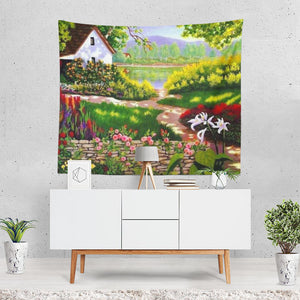 Artistic Spring Painting House Flower Lake Tapestry