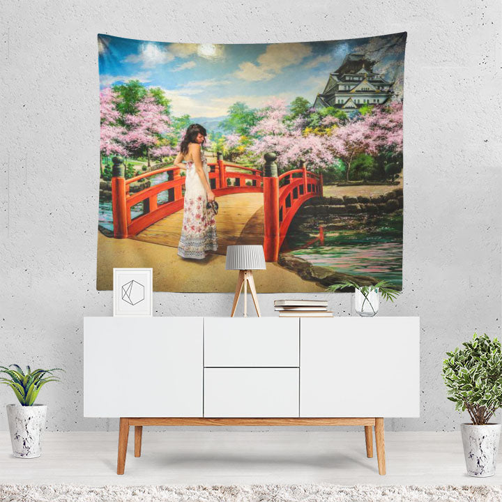 Artistic Spring Woman Girl Bridge Japanese Garden Tapestry
