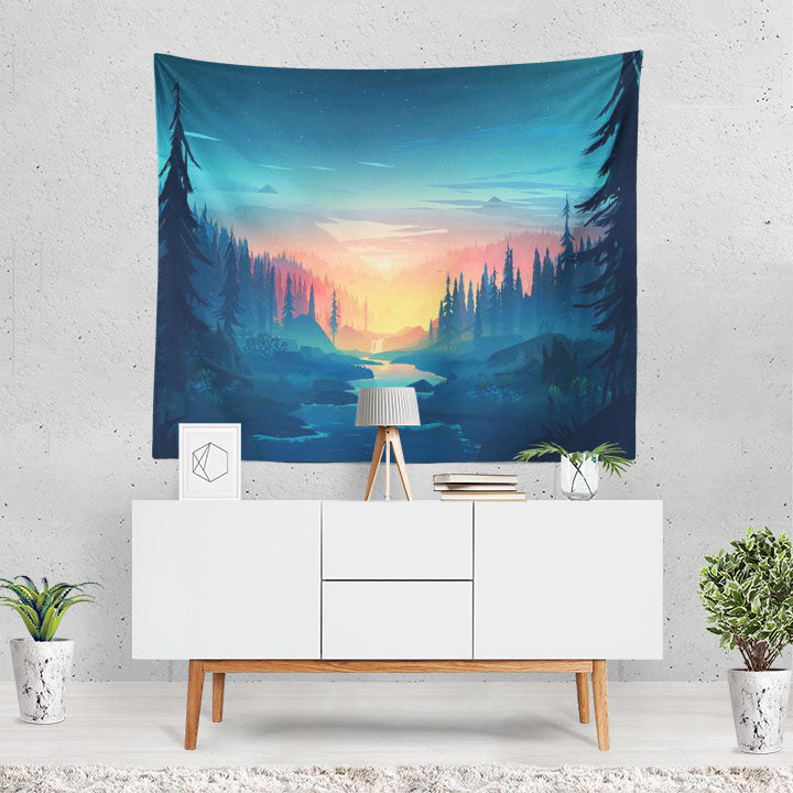 Artistic Sunset Forest Landscape Nature River Tree Tapestry
