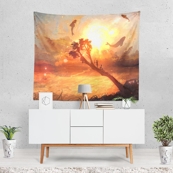 Artistic Sunset Whale Sky Landscape Cloud Sun Tapestry