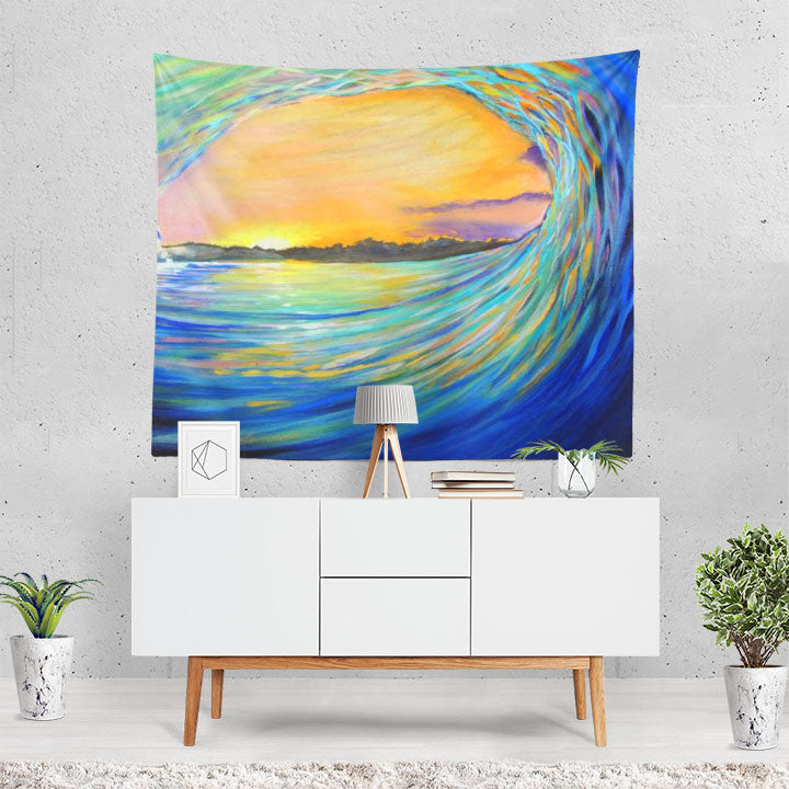 Artistic Wave Ocean Sea Painting Sun Sunset Tapestry