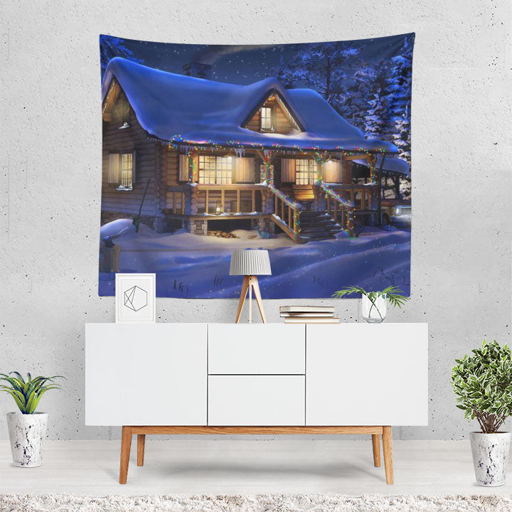 Artistic Winter Night Snow Snowman Cabin Christmas Tapestry