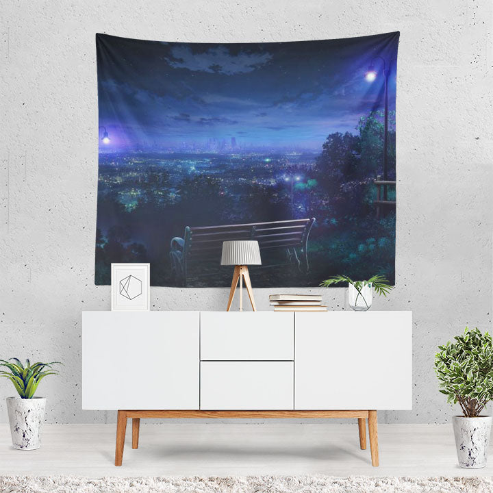 City Night Bench Street Light Tapestry