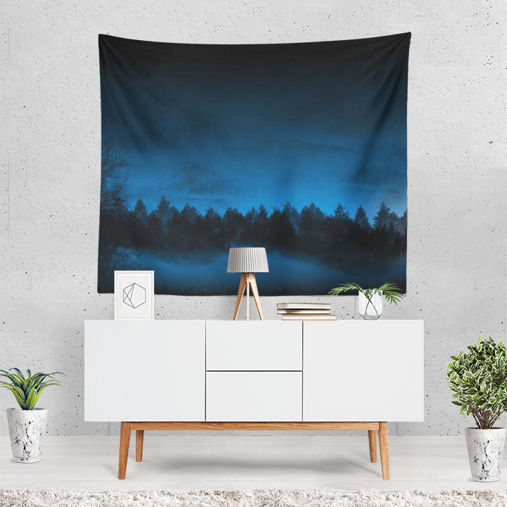 Dark Forest Landscape Night Fog Winter Cold Cloud Tapestry