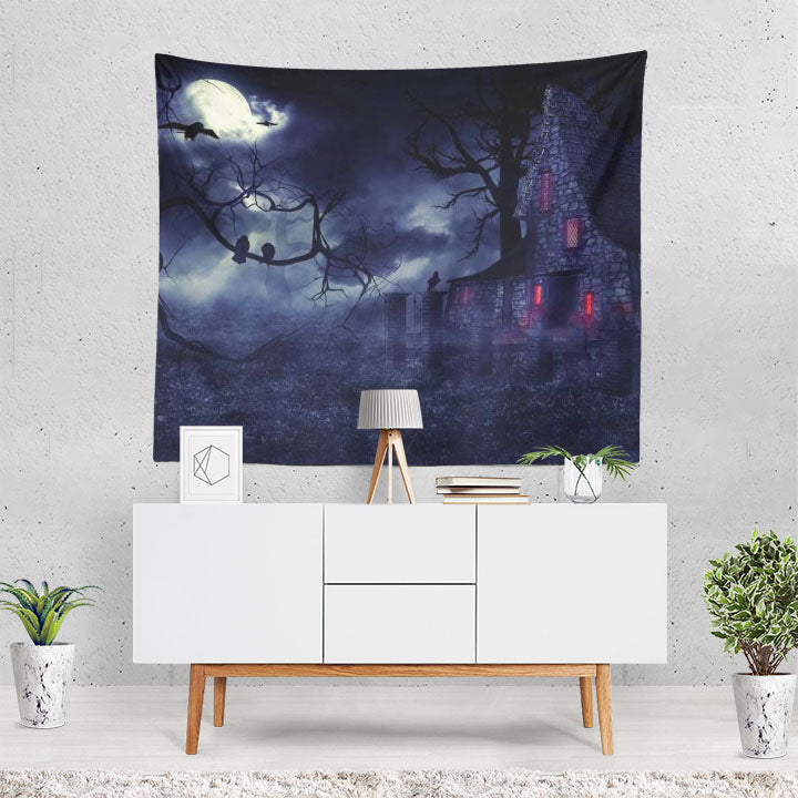Dark House Creepy Night Moon Tree Raven Haunted Ho Tapestry