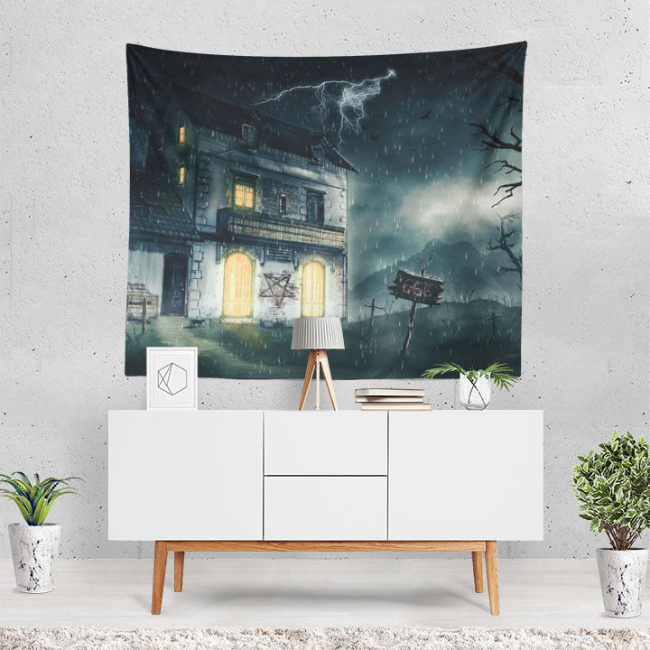 Dark House Night Lightning Pentagram Rain Tapestry