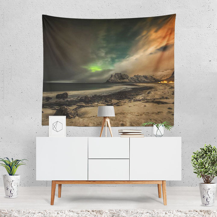 Earth Beach Aurora Borealis Lofoten Islands Norway Tapestry