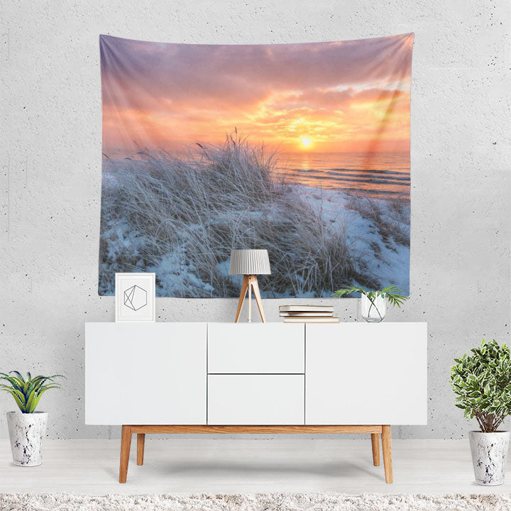 Earth Beach Grass Sand Ocean Sea Sunset Horizon Tapestry